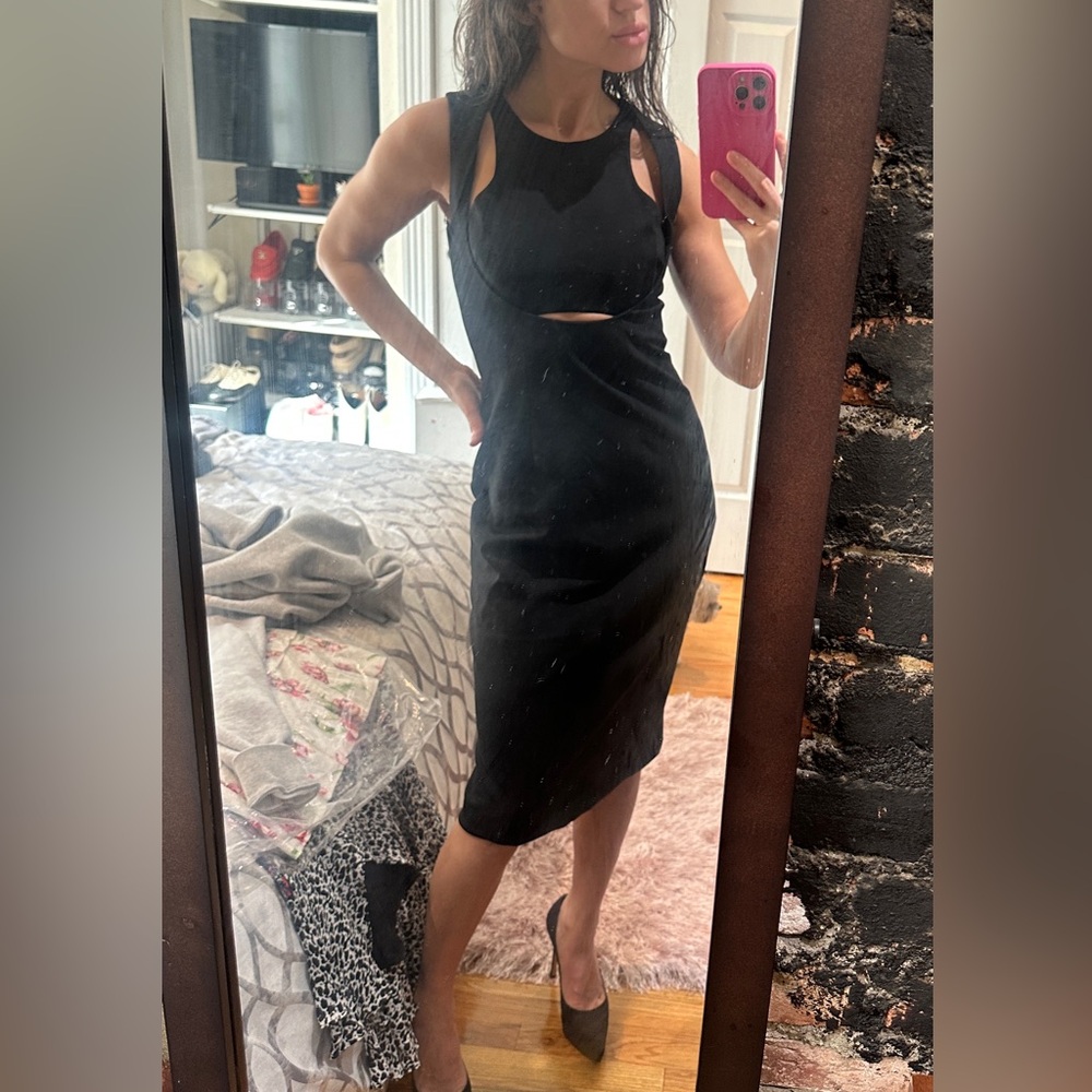 Black Fitted Stretch Midi Dress Cut Out Modern Sexy Sleeveless 4 6 Small NWOT